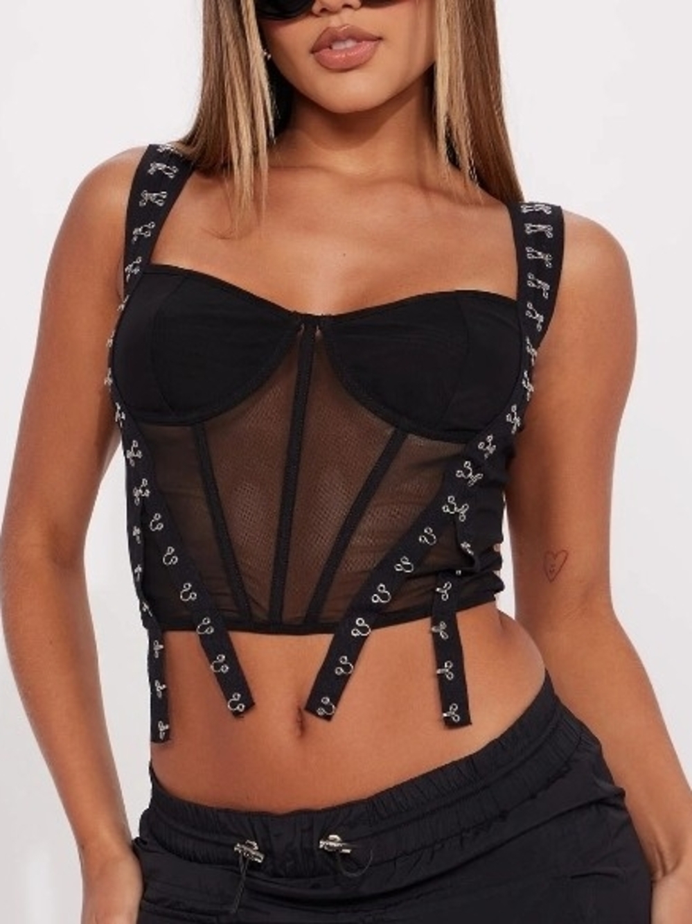 Fashion Nova Black Sheer Mesh Corset Camisole with Hook Straps
